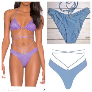 Monica Hansen | Strappy Waist Criss Cross Bikini Bottom Shimmery Blue Lurex | XS